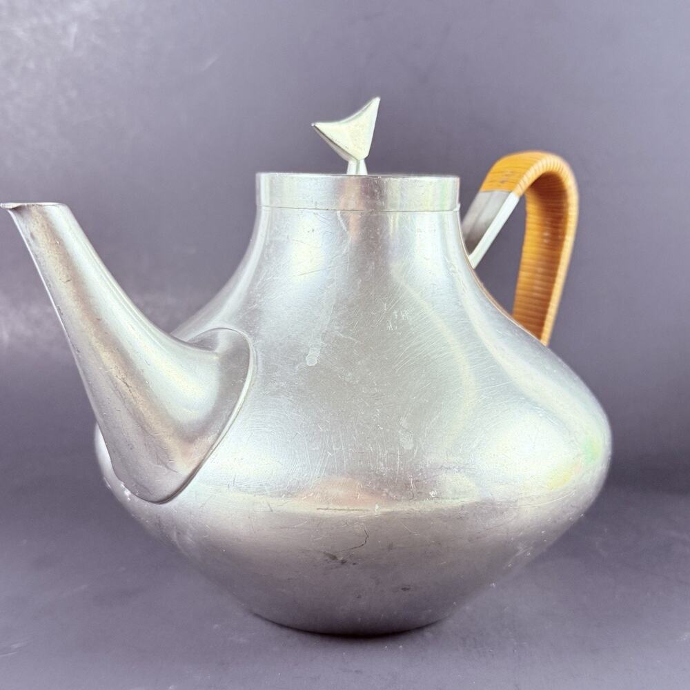 Reed & Barton Pewter MCM Coffee Tea Pot Set Danish Modern Rattan Handle Atomic - Picture 5 of 16